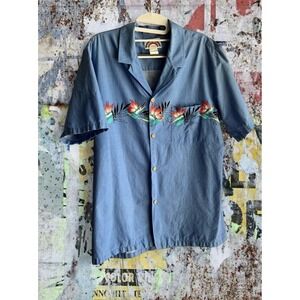 Vintage Paradise Found Men's Birds Of‎ Paradise Blue Hawaiian Shirt - L